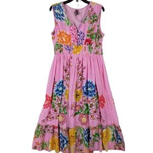 Me 2 Magic Pink Floral Metallic Stripe Maxi Dress Womens 2X Sleeveless Smocked